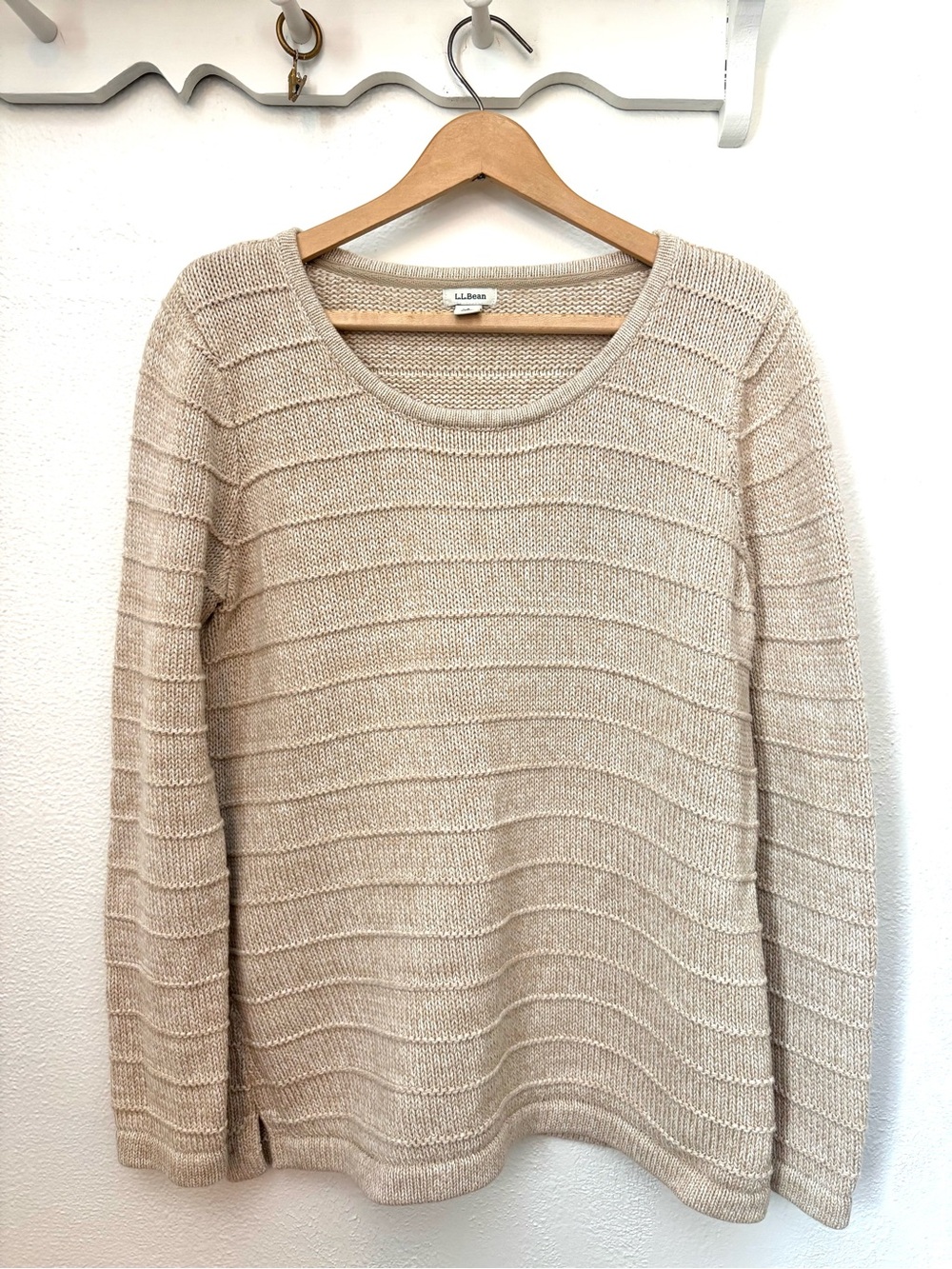 L.L.Bean 100% Cotton Textured Knit Crewneck Sweater Cream Beige Fall